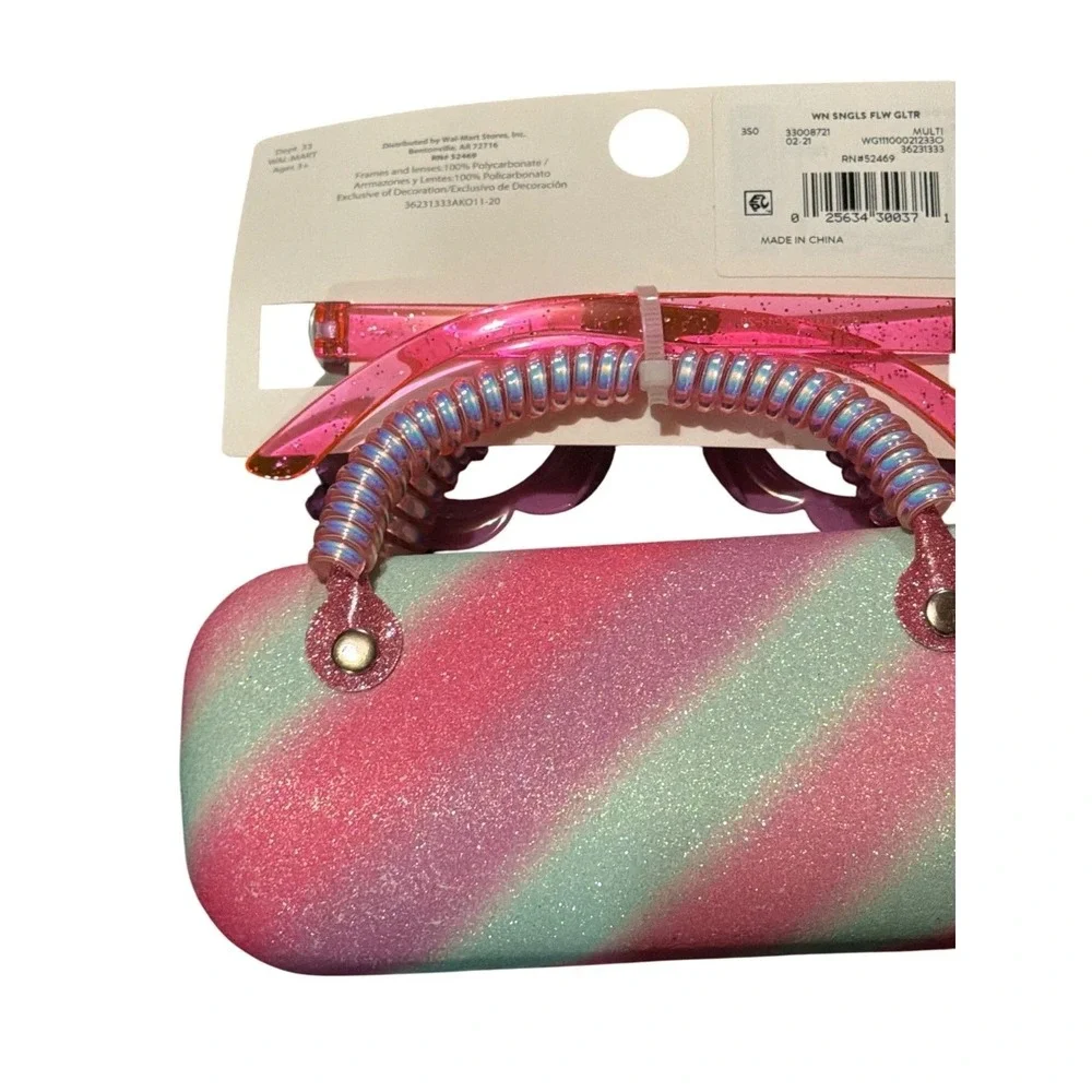 Wonder‎ Nation Girls Flower Sunglasses, Glitter Hard Case Pink Blue Colorful NWT